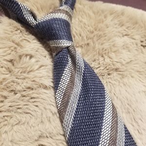 Dapper Classics Silk-Linen Navy/Gray Grenadine Tie w/ Cream & Brown Stripes